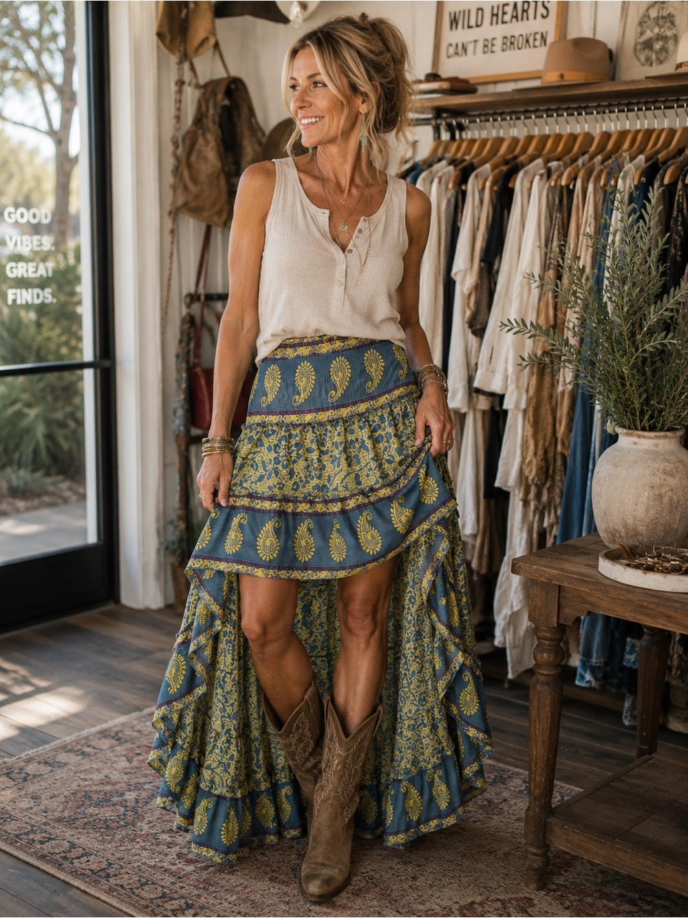 Private Label Silk Blue and Green Boho High-Low Paisley Skirt